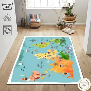 Weltkarte Teppich, Weltkarte Teppich, Spielmatte für Kinder, Kontinente & Tiere, Kinder-Deko Teppich, Spielmatte, Bunter Teppich
