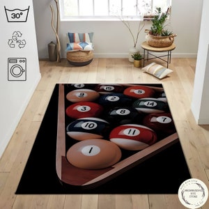 Billiards Rug, Billiards Ball Rug, Decorative Floor Rug, Rug for Billiards Lovers, Pool Table and Ball Printed Rug, Game Room Rug, Salon Rug