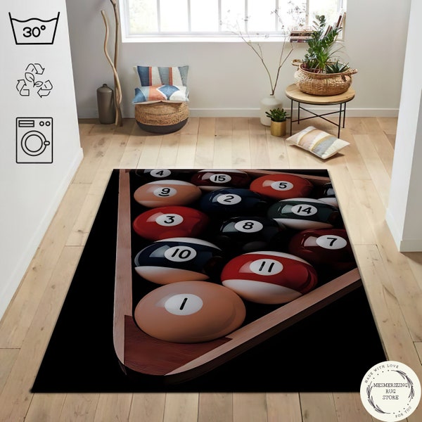 Billiards Rug, Billiards Ball Rug, Decorative Floor Rug, Rug for Billiards Lovers, Pool Table and Ball Printed Rug, Game Room Rug, Salon Rug