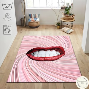 Red Lipstick Patterned Swirl Rug, Funny Rug, Pop Art Printed Rug, Lip Decor,Area Rug,Painted Rug,Pink Rug,Artistic Decor Carpet,Abstract Rug