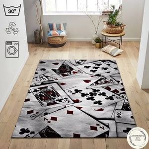 Tappeto stampato a tema carte da gioco, tappeto bianco e nero, tappeto lavabile, tappeto funky, tappeto cool, tappeto Hypebeast, tappeto estetico, tappeto retrò, Pop Art