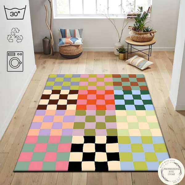 Multicolor Checkered Rug, Retro Checkered Carpet, Psychedelic Rug, Pastel Colors Minimalist Rug, Checkered Design Living Room Rug, Boho Rug
