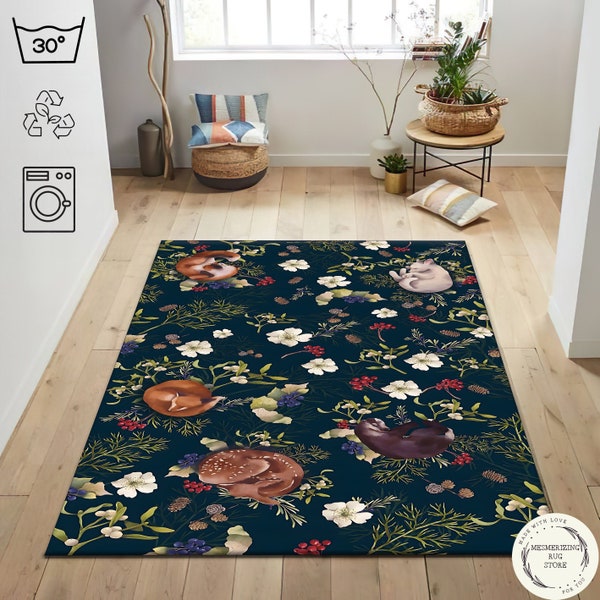 Woodland Animals Rug, Flower Pattern Rug, Nursery Rug, Flower Rug, Animal Print Rug, Living Room Rug, Salon Decor, Village House Decor Rug