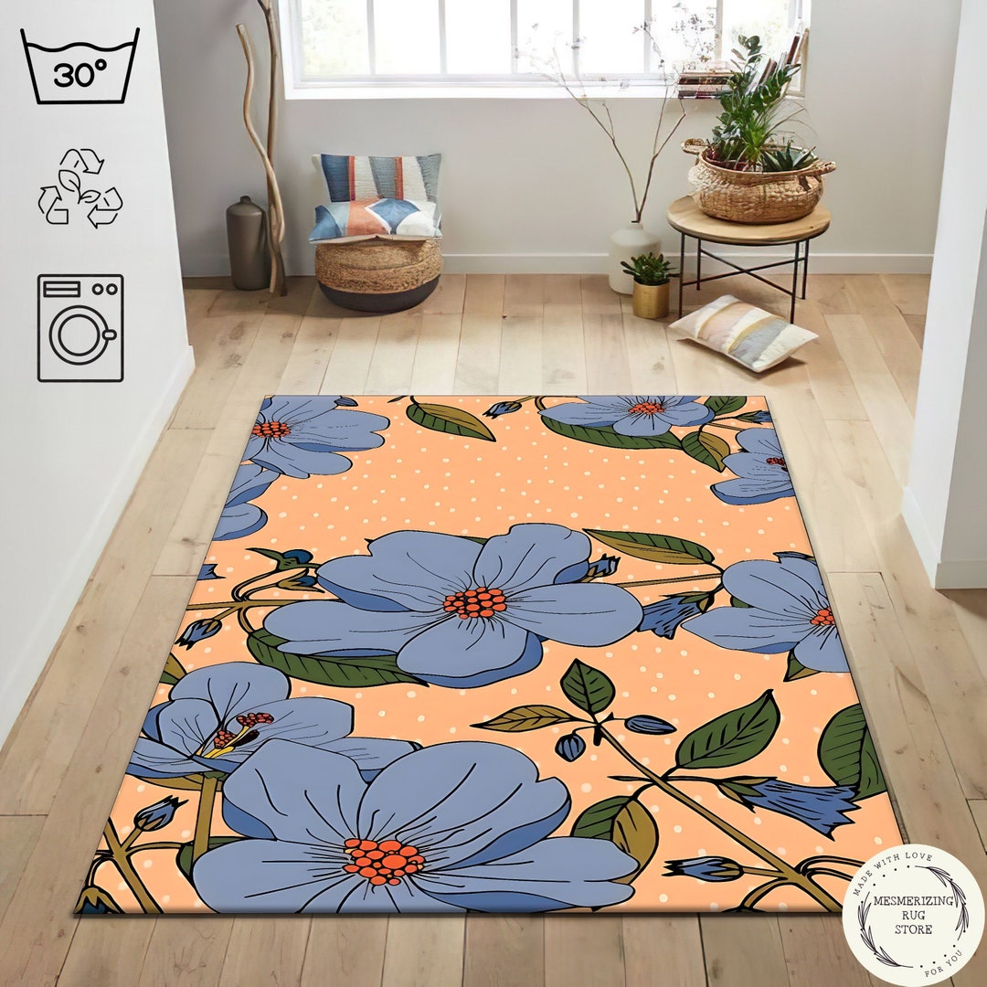 Floral Retro Groovy 70S Rug, Groovy Flower Rug, Retro Area Rug, Blue ...