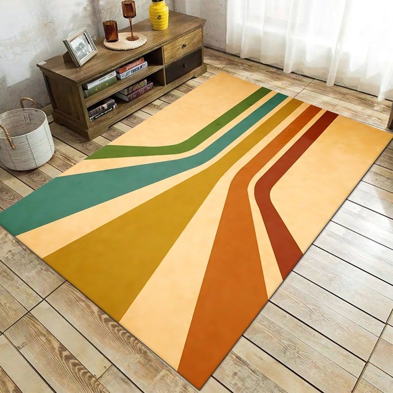 Retro Rainbow Rug, 70s Striped Area Rug, Mid Century Modern Carpet, Groovy Vintage Decor, Mustard Orange Green Rug, Dopamine Home Decor image 3