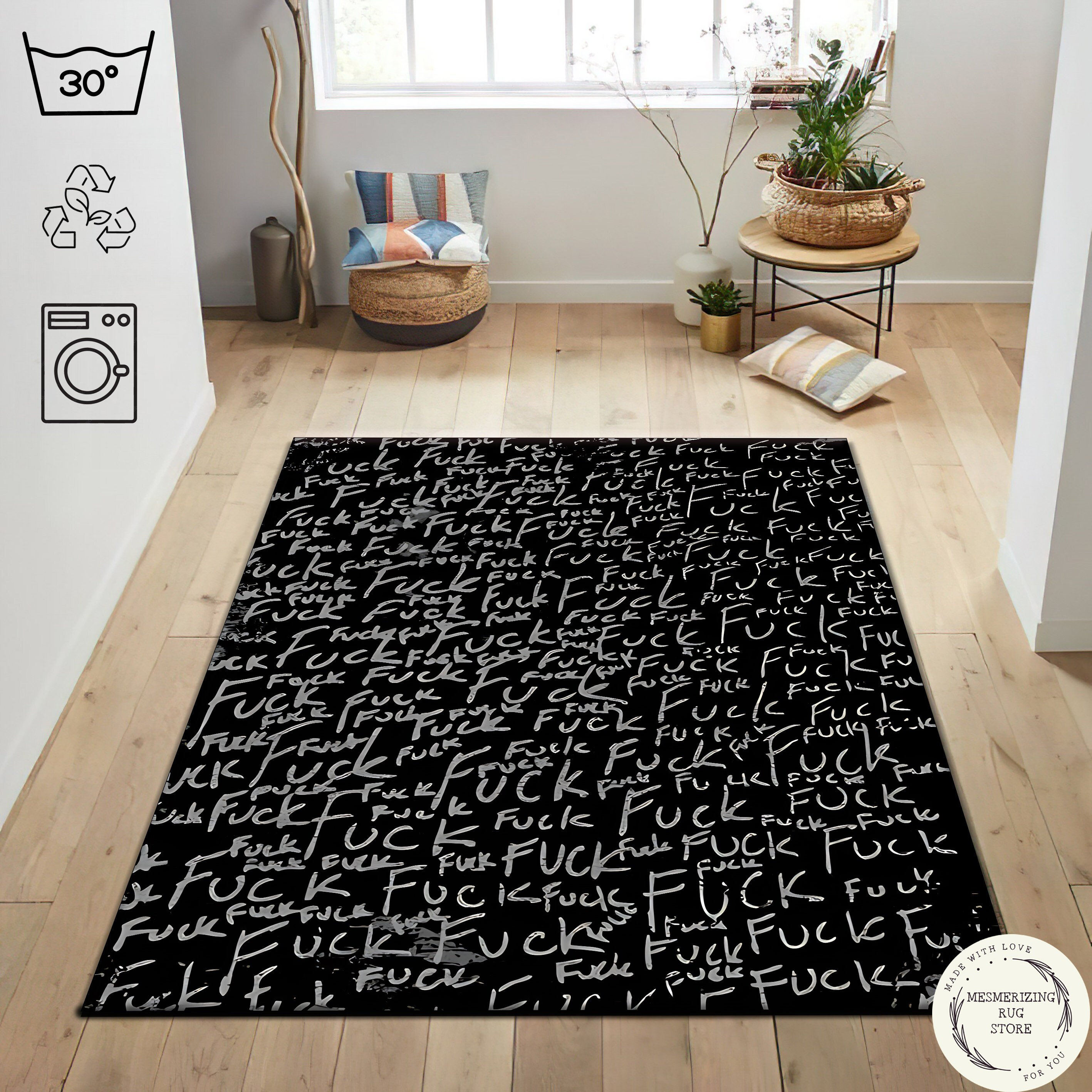 Fuck Text Rug: Black & White Rude Floor Mat for Young Room - Etsy