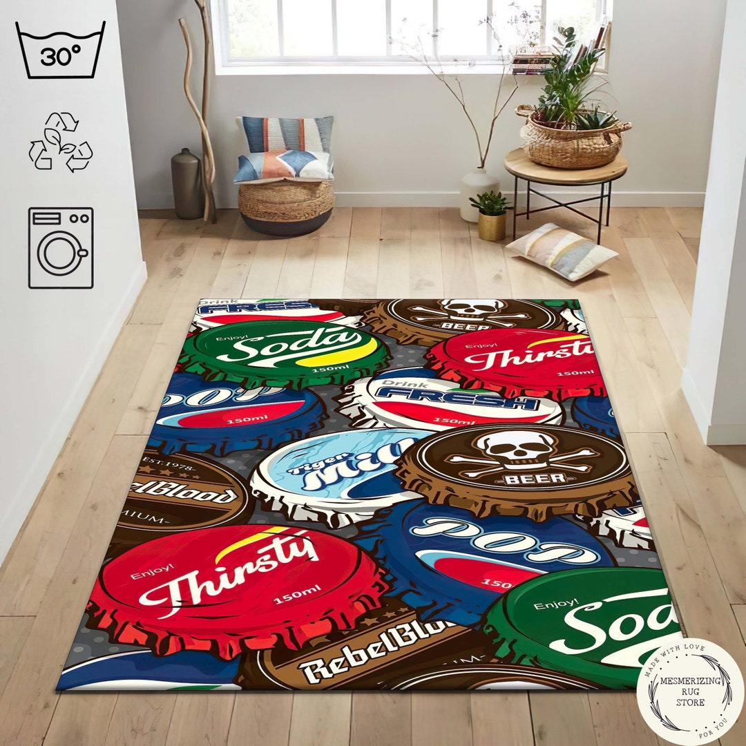 Bottle Caps Themed Rug, Retro Soda Cap Rug, Colorful Rug, Vintage Rug ...