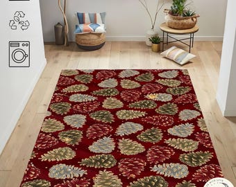 Pine Cone Pattern Rug – Winter Forest Theme Decorative Carpet – Cozy Seasonal Home Decor