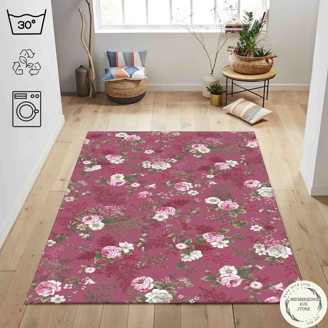 Vintage Rose Pattern Rug: Mid-century Modern Floral Carpet - Etsy
