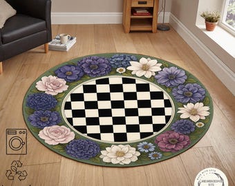 Round Floral Checkerboard Rug, Pastel Colors Vintage Botanical Area Carpet