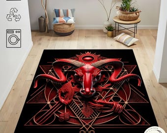 Gothic Ram Skull Area Rug, Dark Occult Geometric Rug, Satanic Art Statement Carpet