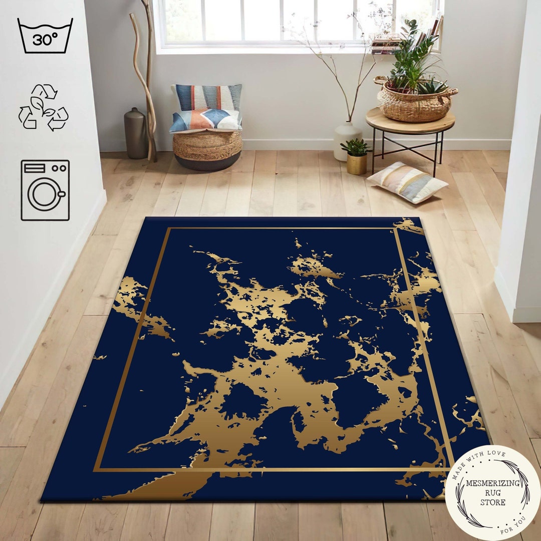 Navy Blue and Gold Plain Rug, Marble Rug, Home Decor Carpet, Living