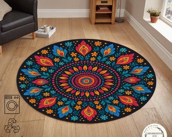 Colorful Mandala Round Rug, Boho Floral Embroidered Style Statement Home Decor