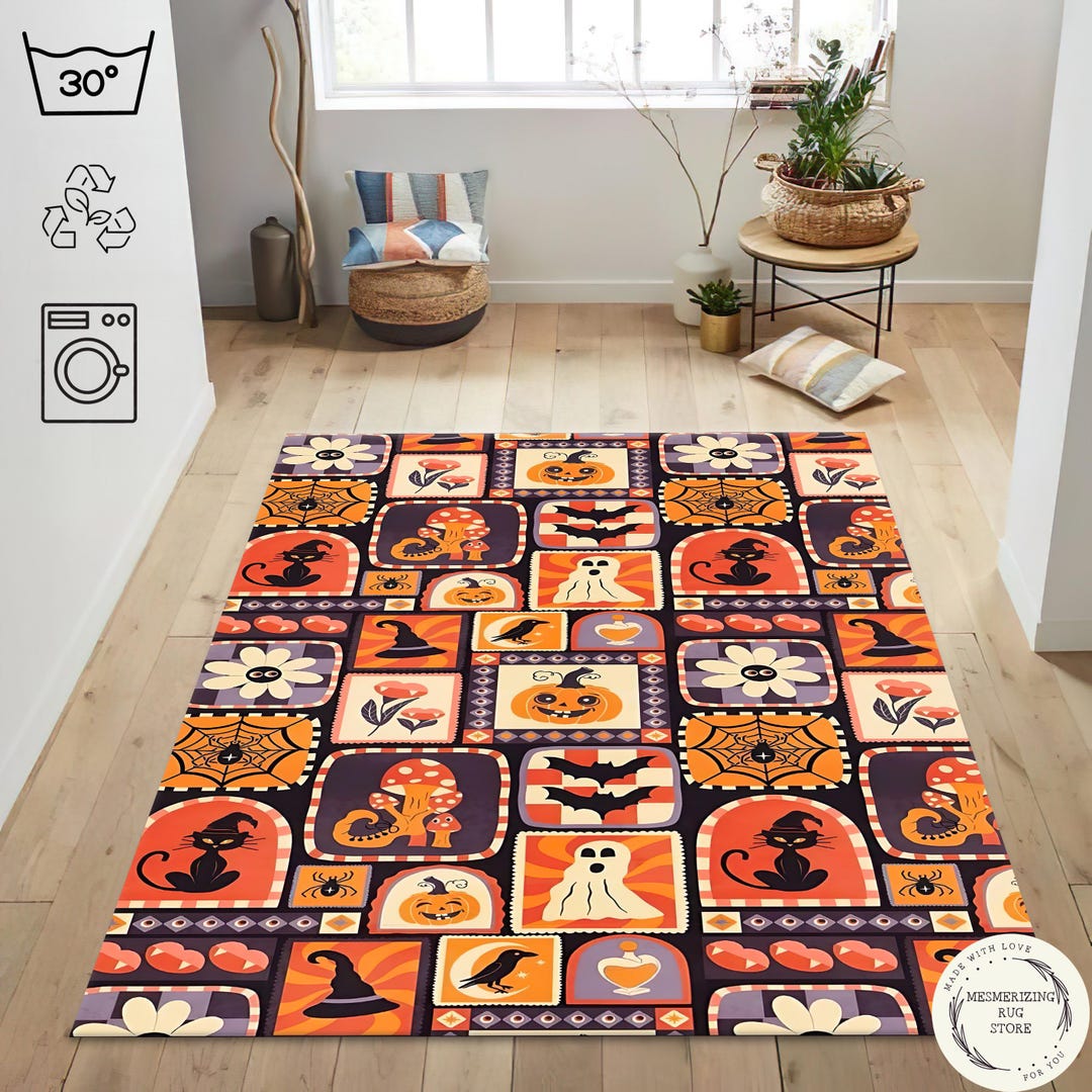 Large Spooky Rug Retro Halloween Rug: Spooky Vintage Pumpkin & Ghost Design - Etsy