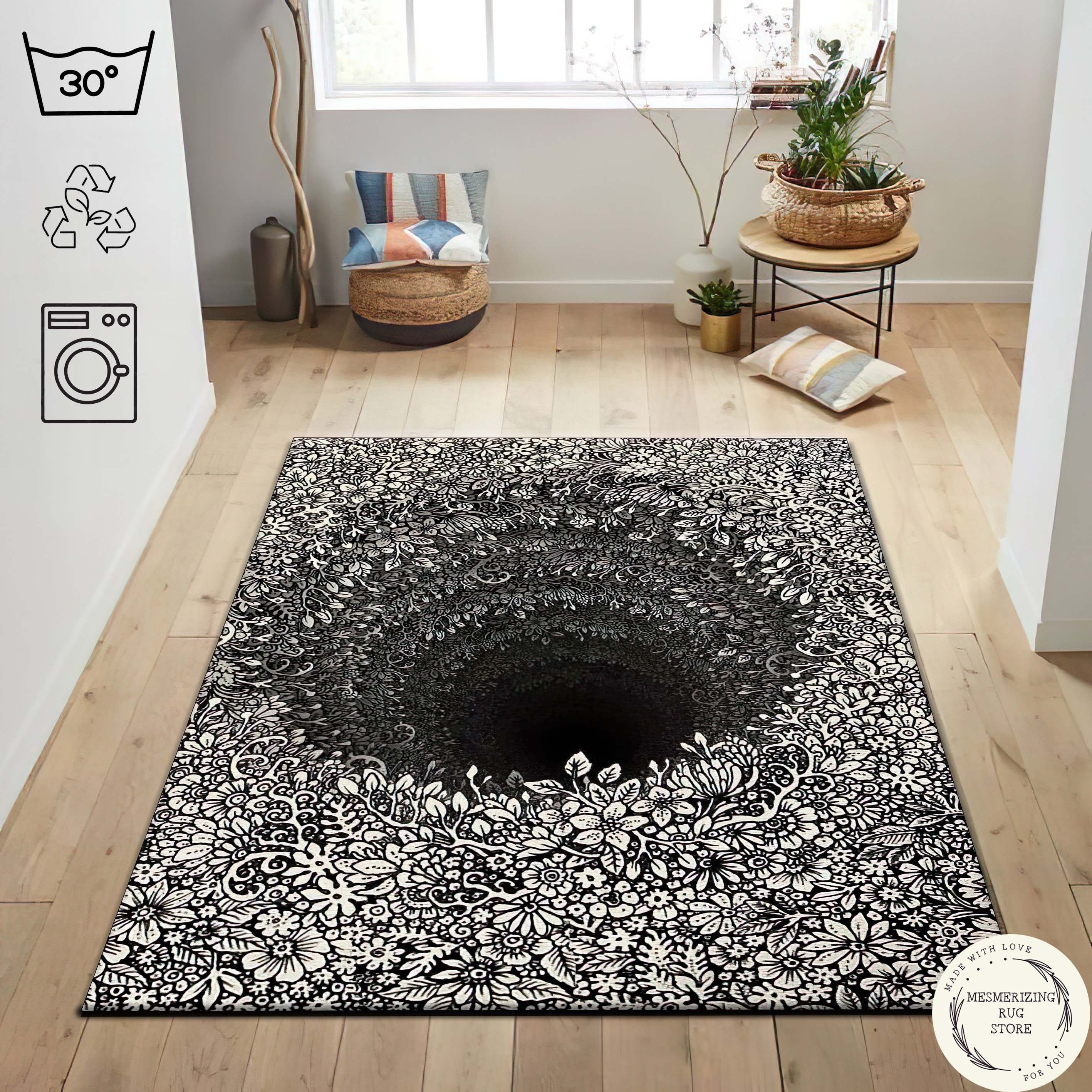 Flower Floor Mat / Black × White Amazon.com: Black and White Floral Carpet for Hallways Machine
