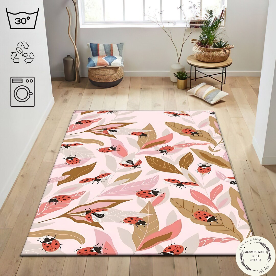 Ladybug Rug, Ladybirds Pattern Pink Rug, Ladybug and Leaves Themed Kids ...