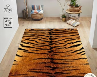 Tiger Print Rug, Realistic Animal Skin Carpet, Faux Fur Pattern Decor