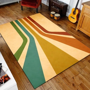 Retro Rainbow Rug, 70s Striped Area Rug, Mid Century Modern Carpet, Groovy Vintage Decor, Mustard Orange Green Rug, Dopamine Home Decor image 2