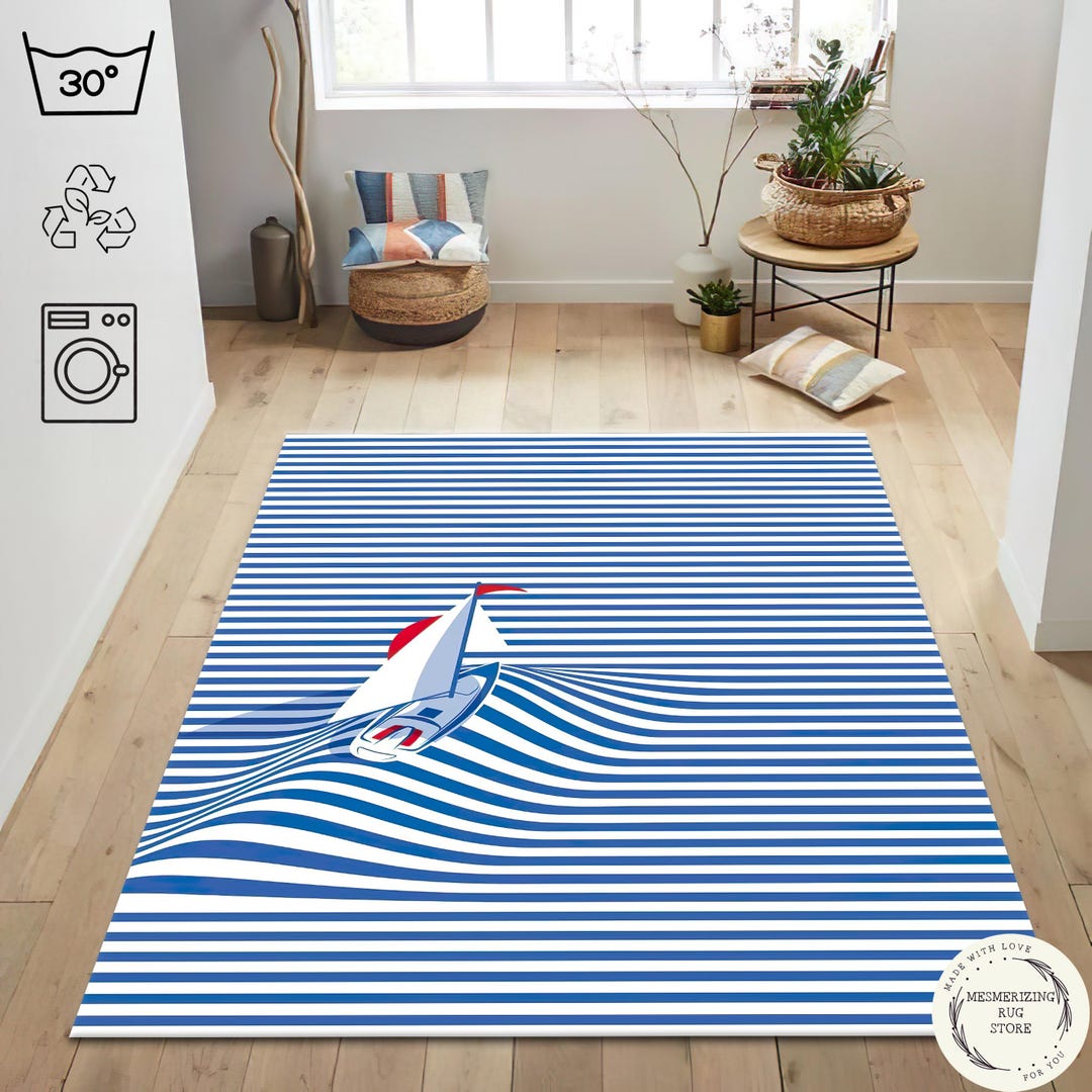 Nautical Striped Rug: Sailboat Ocean Theme, Beach House Decor - Etsy