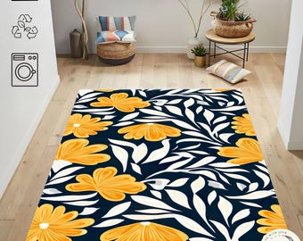 Modern Floral Area Rug, Bold Botanical Carpet, Yellow Flower Home Decor