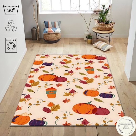 Pumpkin & Leaves Pattern Rug: Autumn Decor, Living Room Rug