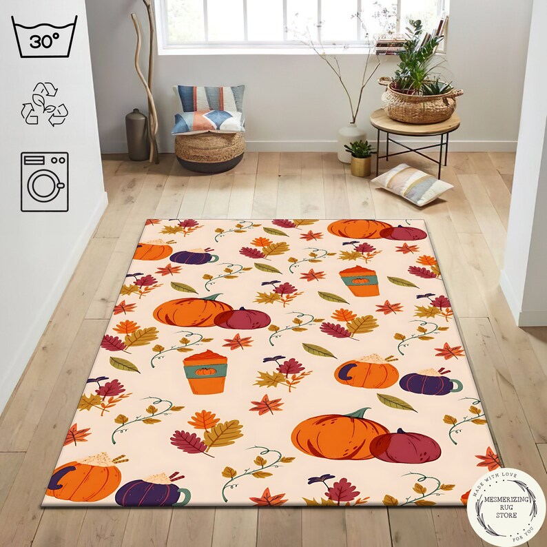 Pumpkin Fall Rug, Autumn Leaves Area Rug, Pumpkin Spice Decor, Cozy Thanksgiving Carpet, Cottagecore Fall Decor, Harvest Season Rug imagen 1