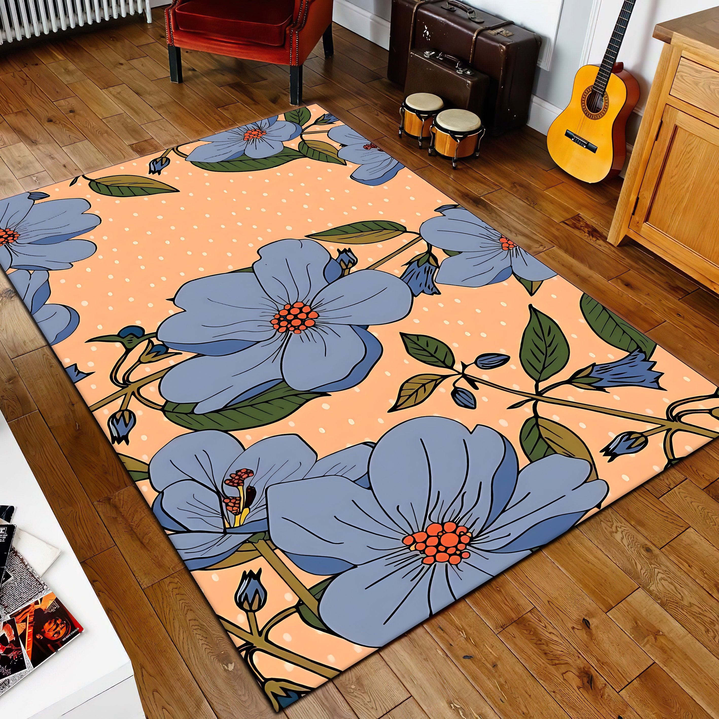 Floral Retro Groovy 70S Rug, Groovy Flower Rug, Retro Area Rug, Blue ...