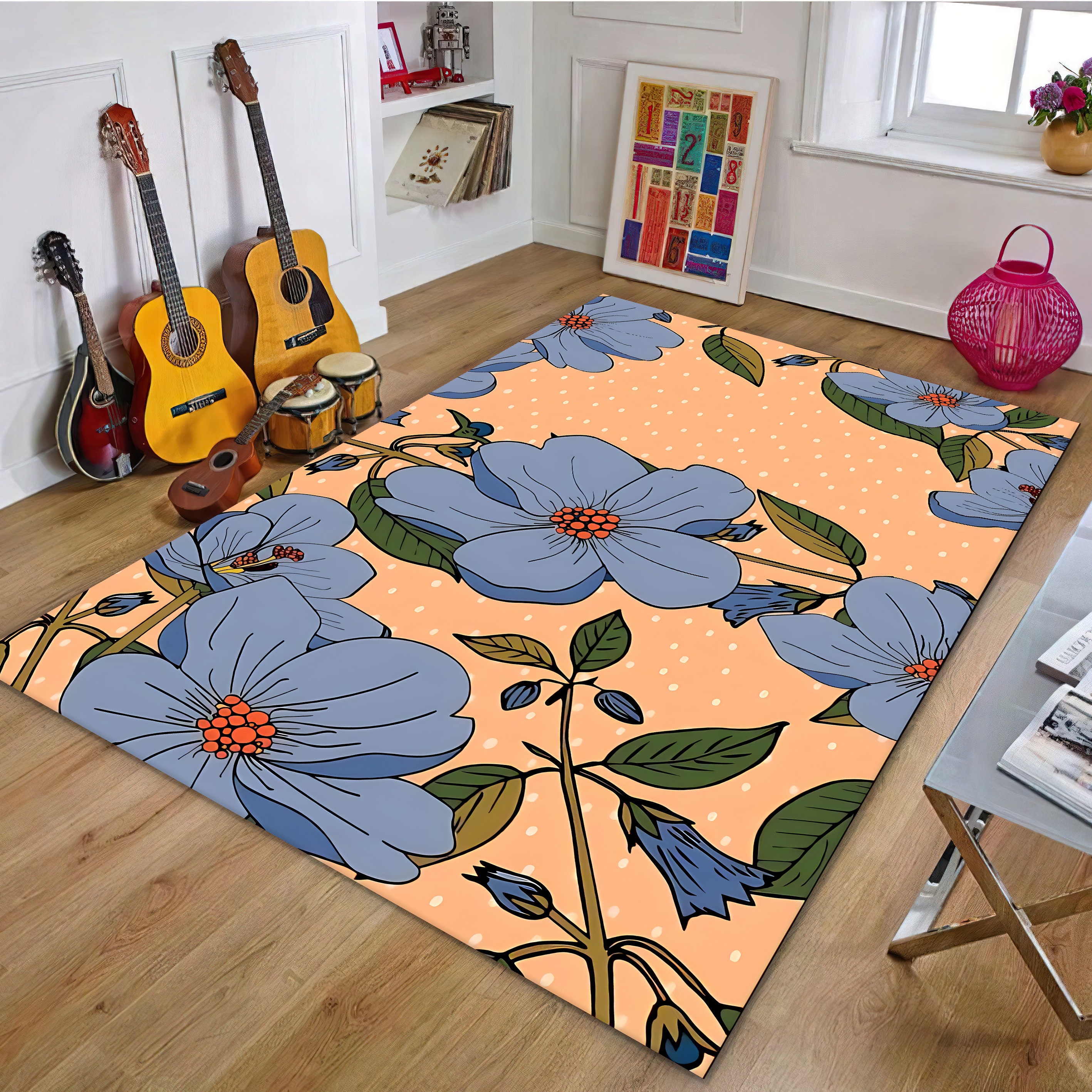 Floral Retro Groovy 70S Rug, Groovy Flower Rug, Retro Area Rug, Blue ...