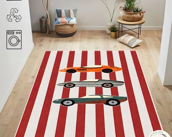 Boys Room Race Car Rug – Vintage Car Theme Striped Kids Playroom Carpet