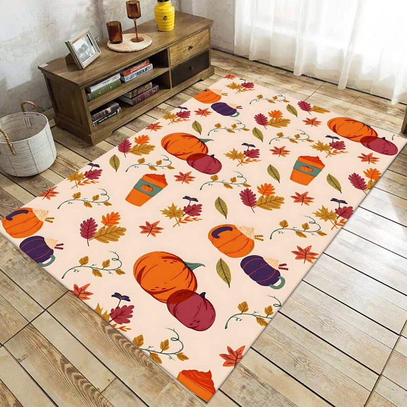 Pumpkin Fall Rug, Autumn Leaves Area Rug, Pumpkin Spice Decor, Cozy Thanksgiving Carpet, Cottagecore Fall Decor, Harvest Season Rug imagen 3