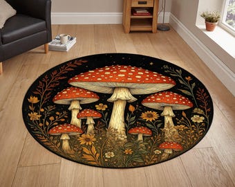 Mushroom Forest Round Rug, Cottagecore Botanical Floor Mat