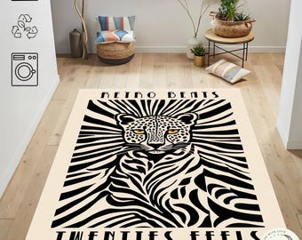 Retro Leopard Rug, Art Deco Area Rug, Black and White Animal Print Carpet