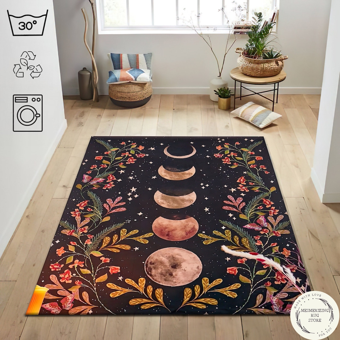 Moon Patterned Rugs Floral Moon Phases Rug: Boho Style Astrology Themed Gothic Decor Rug - Etsy