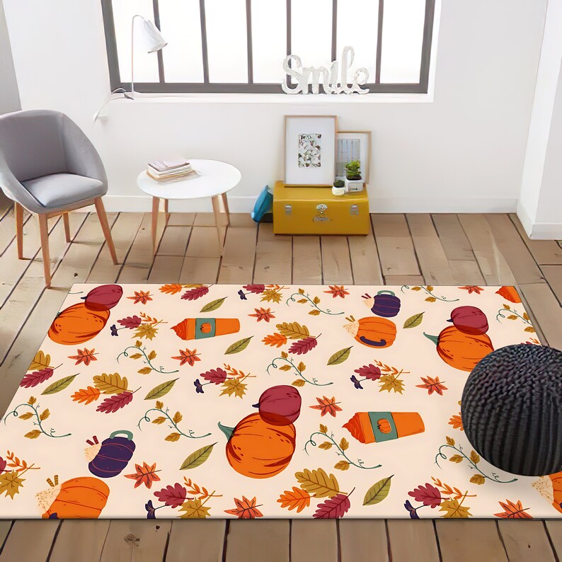 Pumpkin Fall Rug, Autumn Leaves Area Rug, Pumpkin Spice Decor, Cozy Thanksgiving Carpet, Cottagecore Fall Decor, Harvest Season Rug imagen 7