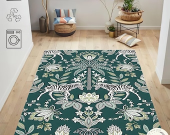 Green Zebra Area Rug: Jungle Botanical Boho Style Carpet