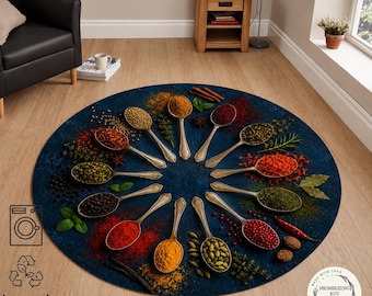 Spice Round Rug, Colorful Herb Kitchen Decor, Non-Slip Washable Area Rug