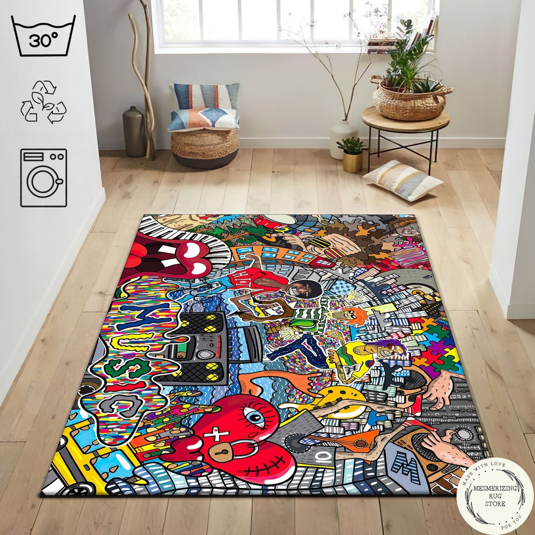 Graffiti Pattern Rug: Washable Street Art Carpet for Teenagers - Etsy