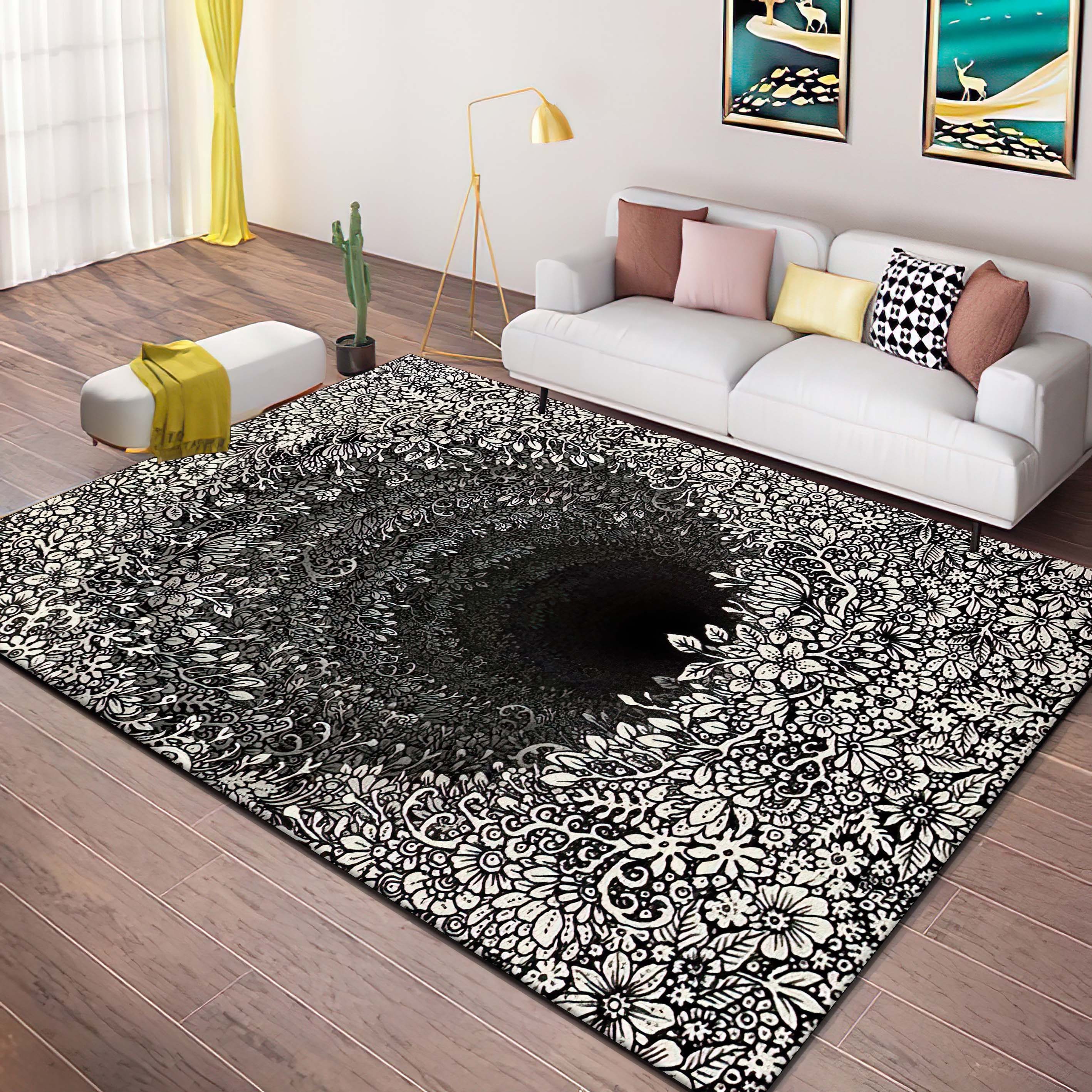 Flower Floor Mat / Black × White Amazon.com: Black and White Floral Carpet for Hallways Machine
