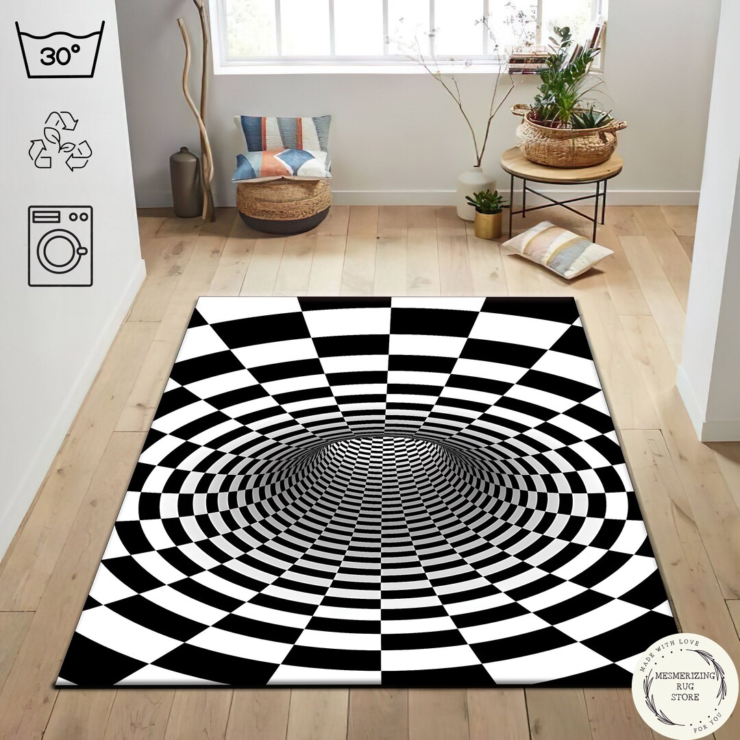 3D Vortex Rug, Optical Illusion Rug, Black and White Rug, Optical