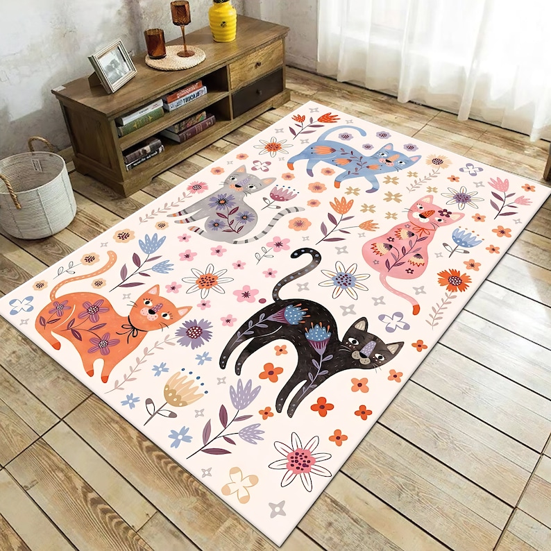 Cat Rug Cats and Flower Kids Rug Nursery Rug Playing Cat Etsy New Zealand