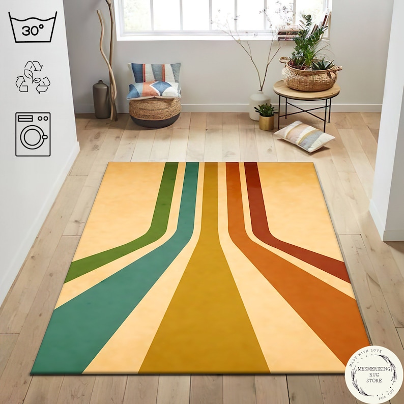 Retro Rainbow Rug, 70s Striped Area Rug, Mid Century Modern Carpet, Groovy Vintage Decor, Mustard Orange Green Rug, Dopamine Home Decor image 1