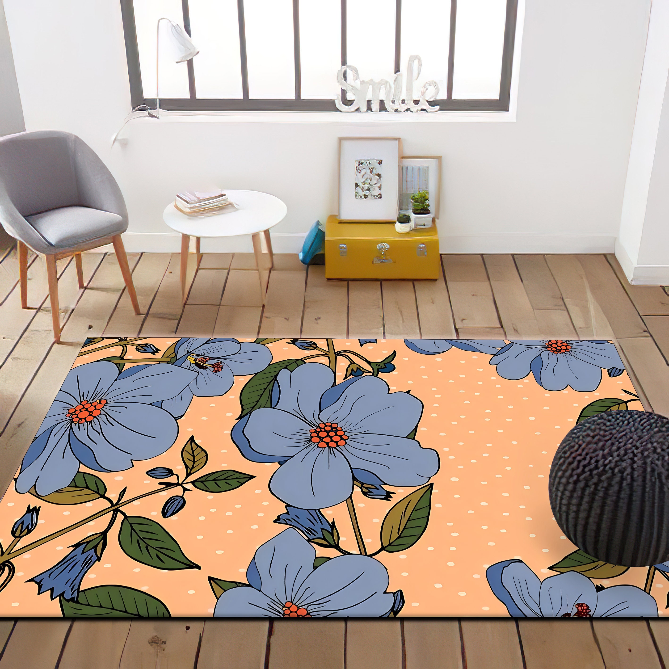 Floral Retro Groovy 70S Rug, Groovy Flower Rug, Retro Area Rug, Blue ...