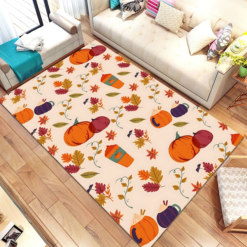 Pumpkin Fall Rug, Autumn Leaves Area Rug, Pumpkin Spice Decor, Cozy Thanksgiving Carpet, Cottagecore Fall Decor, Harvest Season Rug imagen 5