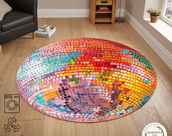 Disco Ball Round Rug, Colorful Retro Carpet, Party Room Decor, Festive Gift Rug