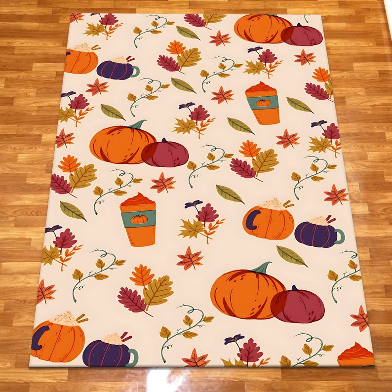 Pumpkin Fall Rug, Autumn Leaves Area Rug, Pumpkin Spice Decor, Cozy Thanksgiving Carpet, Cottagecore Fall Decor, Harvest Season Rug imagen 4