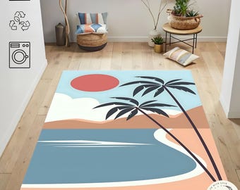 Tropical Beach Art Rug: Palm Trees Sunset, Coastal Decor