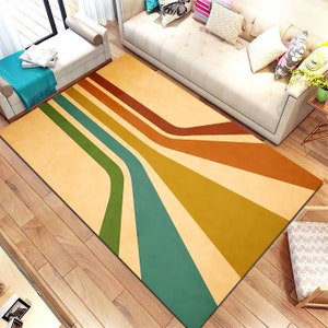 Retro Rainbow Rug, 70s Striped Area Rug, Mid Century Modern Carpet, Groovy Vintage Decor, Mustard Orange Green Rug, Dopamine Home Decor image 4