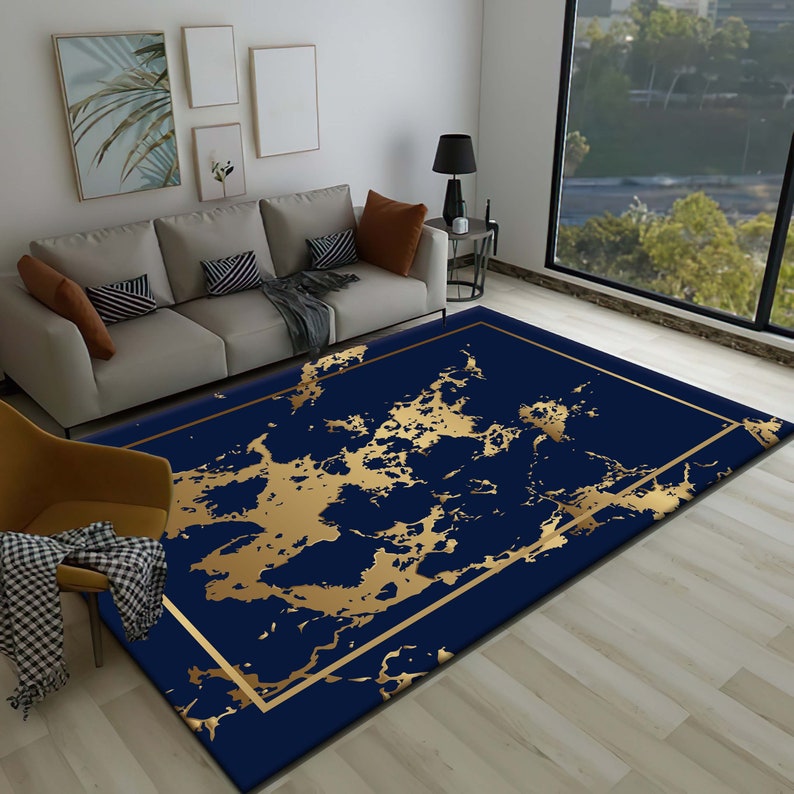 Navy Blue and Gold Plain Rug, Marble Rug, Home Decor Carpet, Living