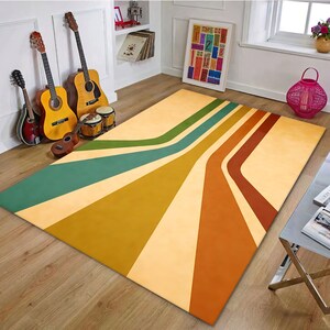 Retro Rainbow Rug, 70s Striped Area Rug, Mid Century Modern Carpet, Groovy Vintage Decor, Mustard Orange Green Rug, Dopamine Home Decor image 5