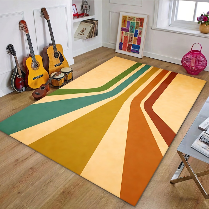 Retro Rainbow Rug, 70s Striped Area Rug, Mid Century Modern Carpet, Groovy Vintage Decor, Mustard Orange Green Rug, Dopamine Home Decor image 5